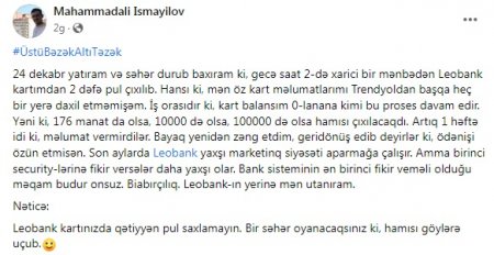 "Leo Bank" müştərisinin CİBİNƏ GİRİR