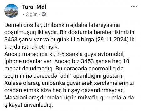 “Unibank”ın “Əjdaha” lotereyasının yalan olduğu üzə çıxdı